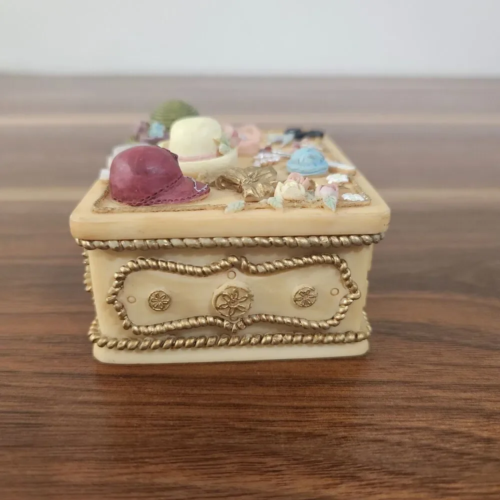 Dezine Vintage 1995 Hand Painted 3D Embossed Trinket Box Victorian Ribbons Hats